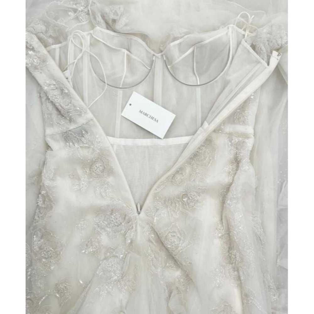 Marchesa Selena S20 Modern Ivory Wedding Dress flower on tulle - Picture 10 of 13